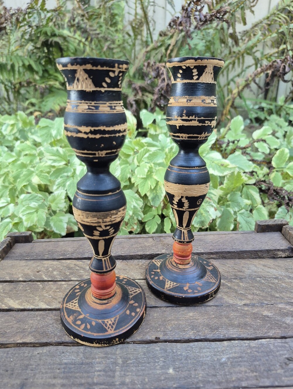 Vintage Hand Carved Black Wood Candlesticks Pair Boho Folk Art Candle Holders 8โ